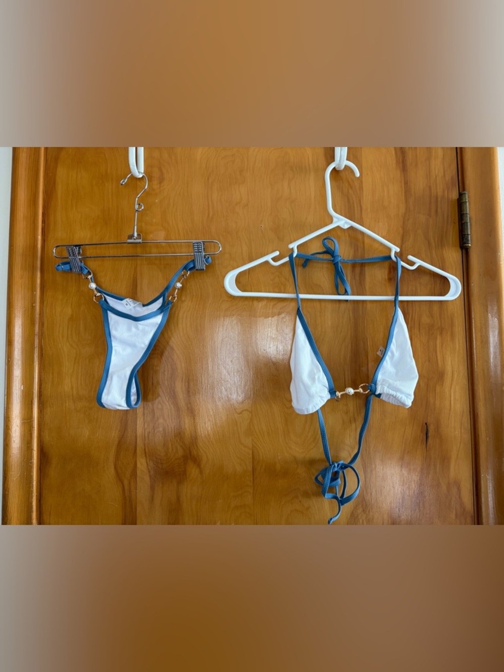 White Ribbed Bikini Set with Teal Trim